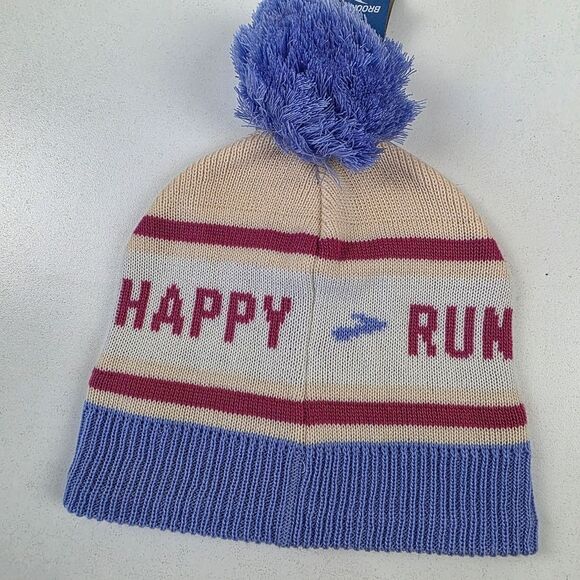 NWT Brooks Run Happy Heritage Pom Beanie Sand Blue Unisex Running Winter Hat - Picture 2 of 5